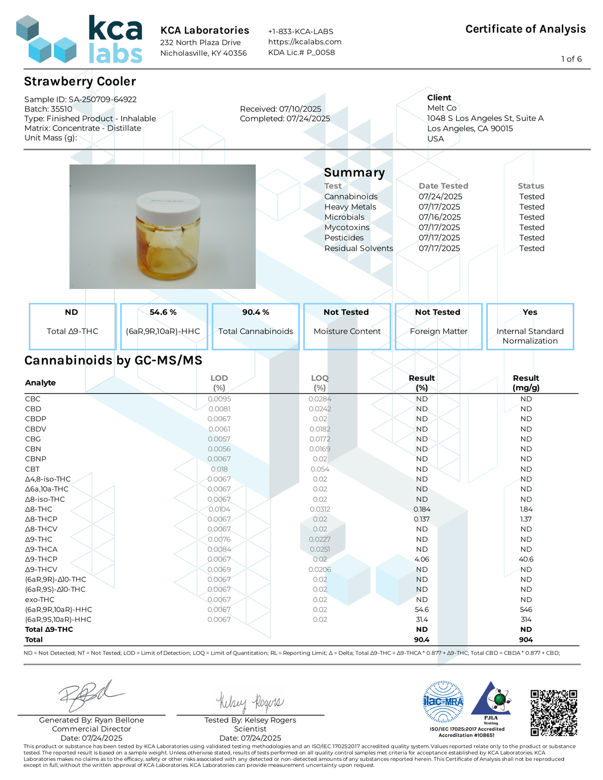 Lab report - Strawberry Cooler AMF Blend potency analysis certificate (COA)